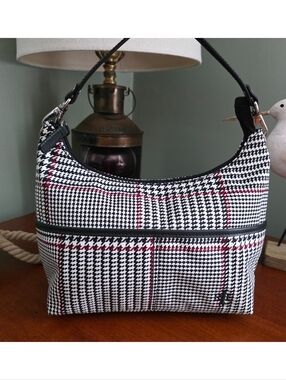Lauren Ralph Lauren Houndstooth Shoulder Bag Black White Canvas Leather